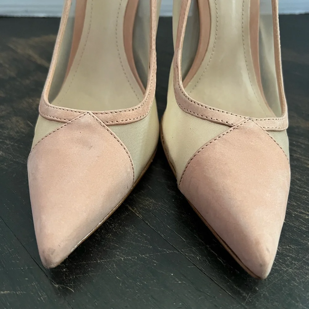 Women’s Schutz Myrine Nubuck Beige Nude Mesh Leather High Heel Sexy Pump 7.5